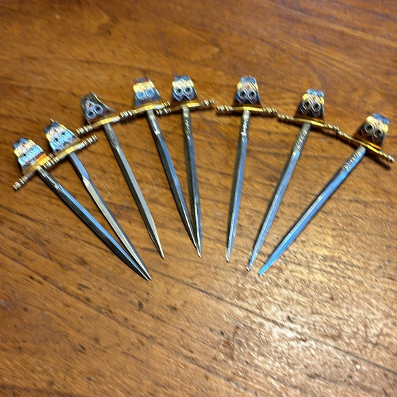 Vintage Toledo Spain gold/silver tone hand decorated 24 appetizer picks & stand - Picture 7 of 13